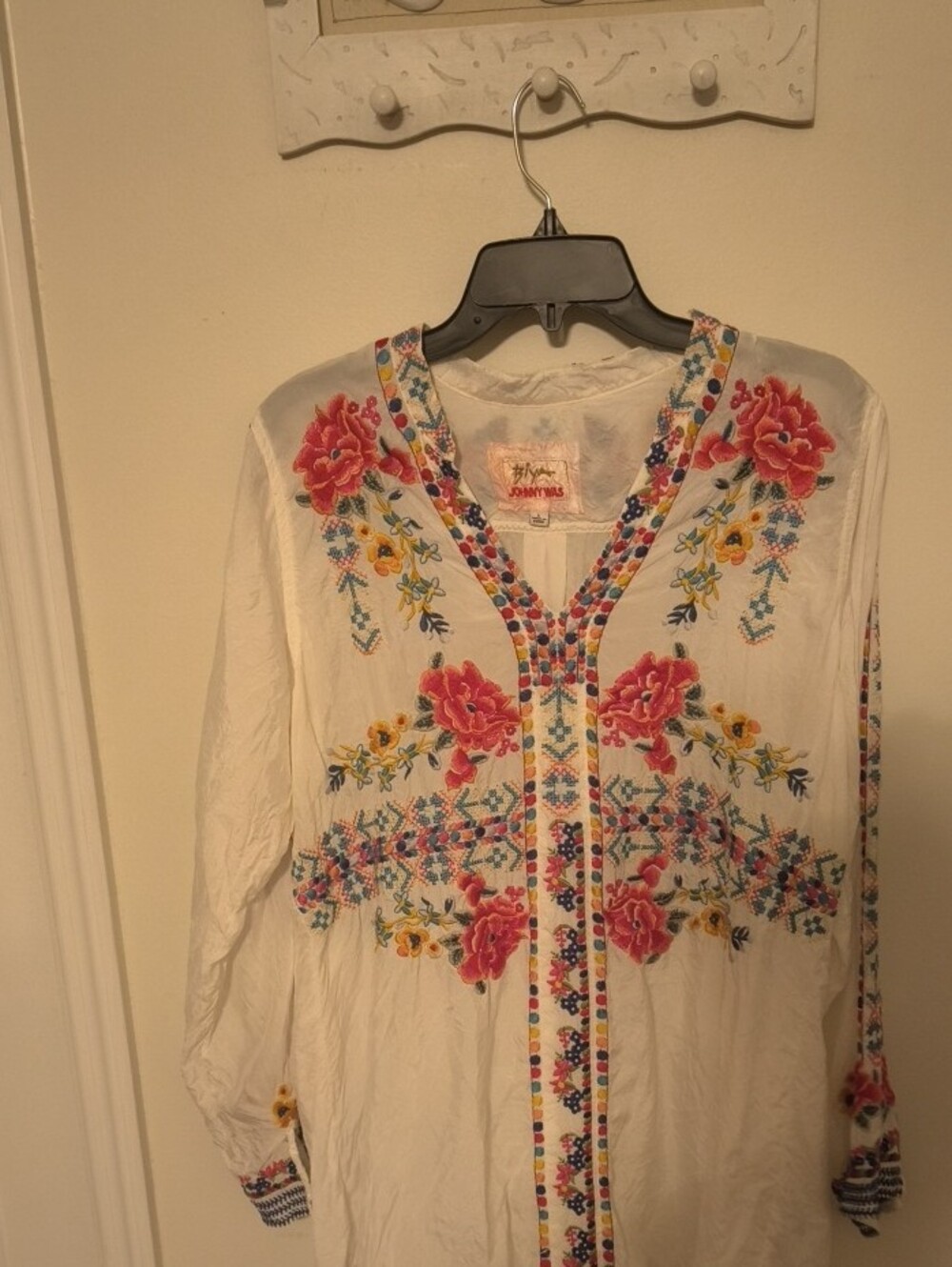 Johnny Was White Tunic with Multicolor Embroidered V-Neck - Picture 2 of 5